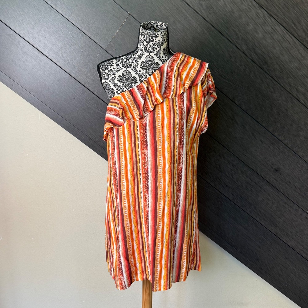 Savanna Jane Women's One Shoulder Ruffleβ Striped Shift Dress Medium Festival